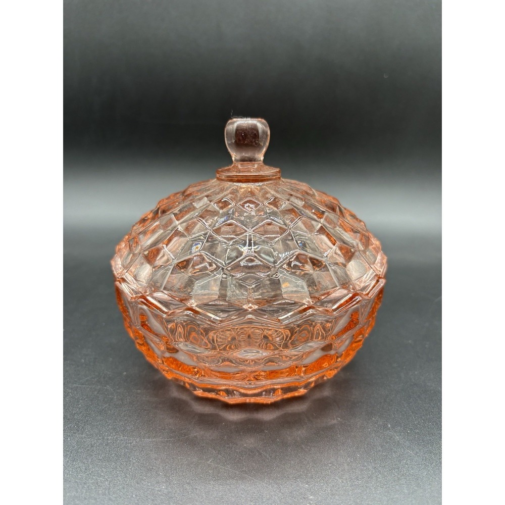 Pink Glass Diamond Quilted Vintage Lidded Candy Dish Compote ~5" Excellent - Picture 11 of 11